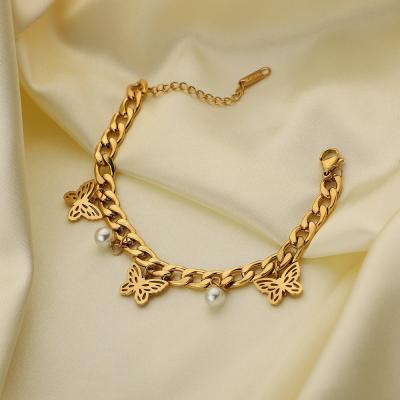 China Miami Butterfly Charm Cuban Chain Bracelet Chunky Bangle Stainless Steel Pearl Gold TRENDY for sale