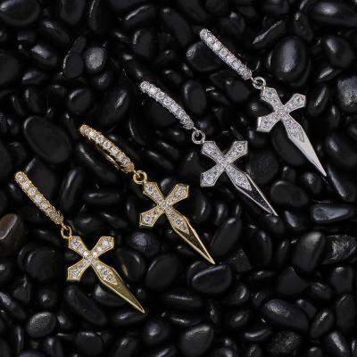 China 2022 TRENDY Hip Hop 18k Gold Plated Zircon Cross Pendant Brass Women Men Cross Earrings Sword Earrings for sale