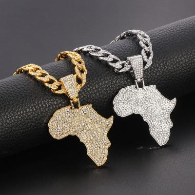 China FASHIONABLE European Big Diamond Cuban Chain Pendant African Hip Hop Map Necklaces for sale