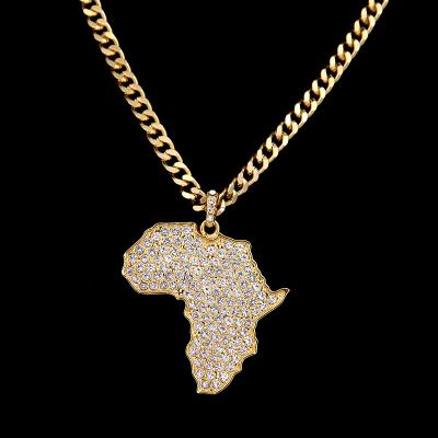 China Trendy Rhinestone Hip Hop Gold Plated Mens African Map Pendant Necklace for sale