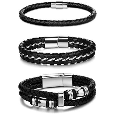 China FASHIONABLE Magnetic Clasp 3Pcs Stainless Steel Leather Bracelet Set Braided Women Men's Leather Bracelet for sale