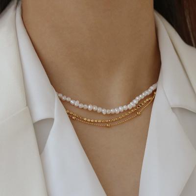 China TRENDY INS 18k Gold Tasty Choker Beaded Necklace Women Retro Layered Natural Pearl Multi Bead Necklace for sale