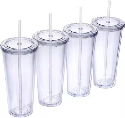 China Custom Minimalist 16oz Double Wall Plastic Reusable Tumblers With Straw Lid for sale