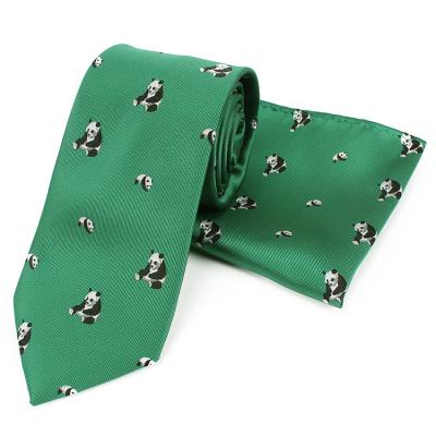 China Wholesale Green 100% Polyester Dacheng Handkerchief Tie Gift Sets Novelty Panda Pattern Men Tie Set for sale