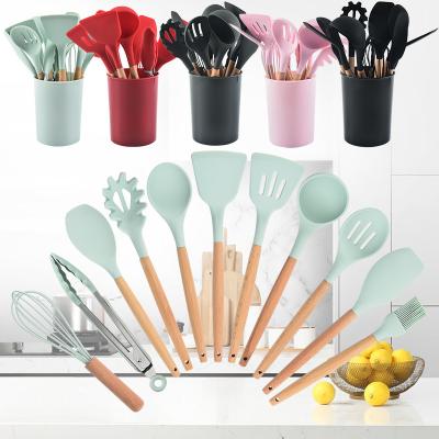 China Sustainable Bamboo Wooden Handles Silicone Kitchen Cooking Tools Utensils Set for sale