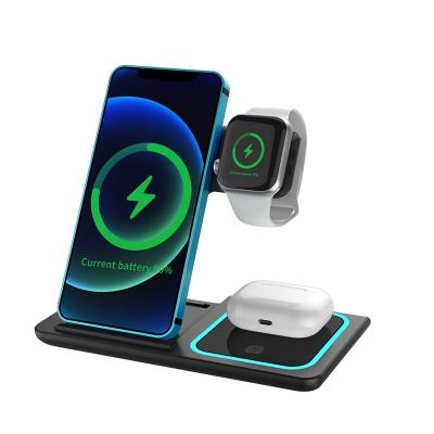 China 15W Wireless Fast Charging Fast Wireless Charger Foldable 3 in 1 Wireless Charging Stand with LED Lamp for iPhone for iwatch Charger for sale