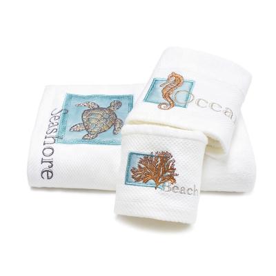 China Kid Safe Ready To Ship Good Quality 520GSM Solid Color With Seaside Embroidery Towels 100% Cotton Animal Bath Set for sale