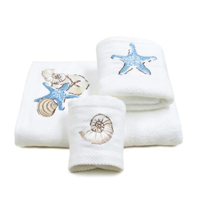 China Safe for kids in stock 100% high gram cotton velor towel with starfish embroidery face towel set for sale