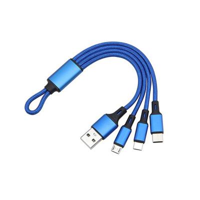 China Mobile phone 15cm mini 3 in 1 8pin Fabric Chain 2A Braided Main Quick Charger Cable/Micro/Type-C/USB2.0 For Iphone Android Charger Wire for sale