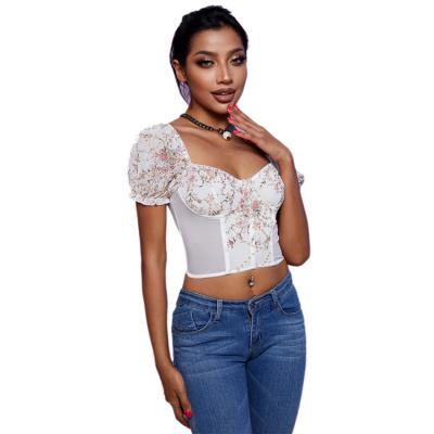 China New Main 2022 Summer Two Way Flower Embroidery Chiffon Mesh Short Sleeve Puff Crop Top QUICK DRY Off Shoulder Summer Top Fashionable for sale