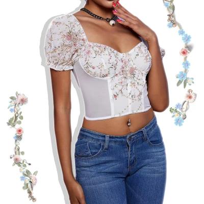 China Summer QUICK DRY Warm Gear Streetwear Flower Embroidery Chiffon Mesh Short Sleeve Puff Sleeve Casual Tank Top For Women for sale