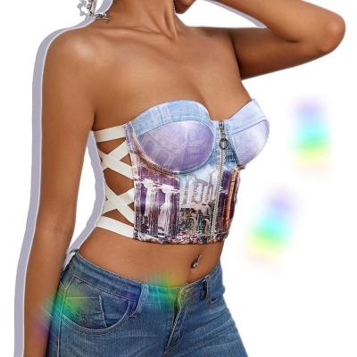 China 2022 Selling Parthenon Printing Satin Corset Underwire Side Crisscross Front Women Top Criss Cross Thin Thick Top Hot Bra Rubber Zipper Front Women Top QUICK DRY for sale