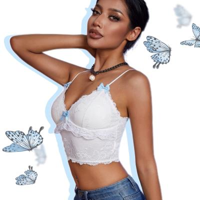 China Good Quality QUICK DRY V Neckline White Ruffle Lace Up Mesh Padded Cami Top Crop Top For Women Summer Fashion New Outfit 2022 for sale