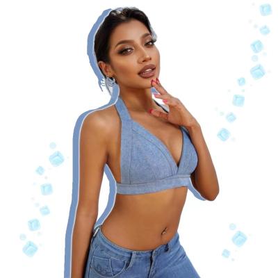 China QUICK DRY Washed Denim Blue Jeans Buckled Halter Crop Bralette Backless Top for sale