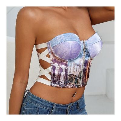 China Hot Sale 2022SS QUICK DRY All Over Parthenon Print Satin Slim Fit Lift Up Crisscross Top Front Zip Crop Top Bra Rubber for sale