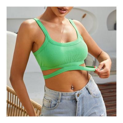 China 2022 Best Selling Rib Knit Green Strap Comfy QUICK DRY Cutout Women's Breathable Tank Cami Top Summer Sports Bra Padded Sexy for sale