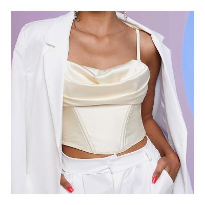 China Best Seller Summer QUICK DRY Popular Outfit For Women 2022 Zipper Front Satin Fish Bone Bustier Back Fluffy Corset Top for sale