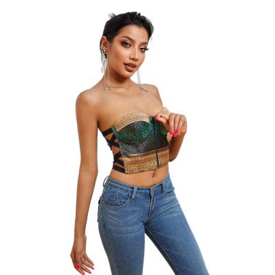 China NEW QUICK DRY design! Custom Made Tops All Over Chunky Elastic Band Front Zip Bright Color Print Satin Crisscross Crop Top For Women 2022 for sale