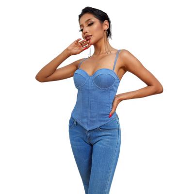 China Cami Top Padded Detachable Strap Soft Stretchy Chic Zipper Denim Anti-pilling Halter Back Tops Asymmetric Pocket Summer 2022 Gear for sale