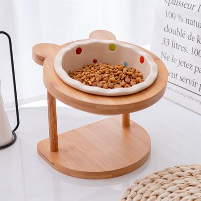 China Sustainable Hot Sale Ceramic Bamboo Accessories High Sublimation Stainless Steel Slanted Pet Bowls With Stand for sale