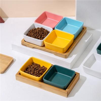 China 2021 Sustainable OEM Customized Sustainable Use Colouful Square Ceramic Pet Bowl With Wooden Frame for sale