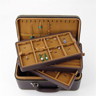 China 3 Layers Storage Custom Made Luxury PU Leather Ring Jewelry Ornaments Display Storage Pendant Case with Handle for sale