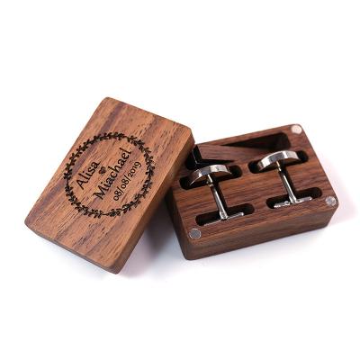 China Luxury Custom Engraved Wood Display Box Nut Link Clip Cufflinks Logo Buttons Gift Packaging Real Name Storage Display Box for sale