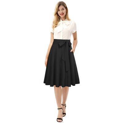 China New Arrival Anti-Static High Quality Cotton Midi High Waist Pleated Women Fashion Summer Lady Skirt With Belt for sale