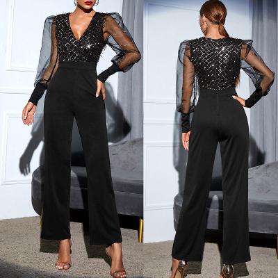 China Anti-pilling Women Fashion Clothes Styles Winter Office Sparkle Elegant V-Neck Wide Leg Long Sleeve Women One Piece Overalls for sale