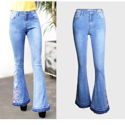 China Breathable New Design Stylish Casual Wide Leg Pants Embroidery Floral Denim Skinny Women Flare Jeans for sale