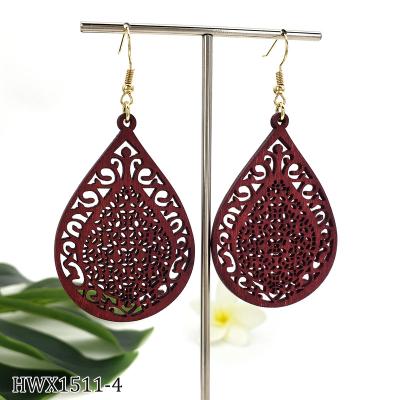 China Casual/Sporty Hawaiian Earrings Laser Cut Large Cavity Lightweight Wooden Teardrop Earrings Trendy for sale