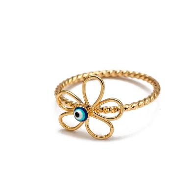 China 2021 Fashion Bestselling Handmade Gold Nickel Free Lead Free Blue Beads 14 Dropping Oil Flower Turkish Evil Eyes Ring For Women Girls for sale