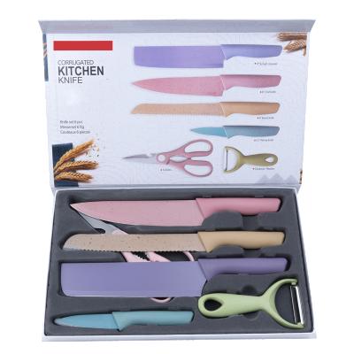 China Wheat Straw Kitchen Accessories Colorful 6 Pcs Stocked Knife Set Stainless Steel Kitchen Knife Set for sale