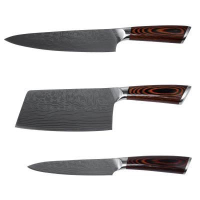 China Hot Sale Damascus Pattern 3pcs S/s 3cr13 Stainless Steel Stocked Kitchen Knives Set With Wood Handle for sale