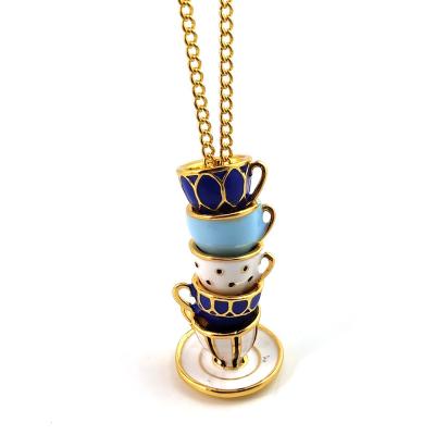 China Fashionable multiple chandelier teacup enamel alloy necklace temperament pendant necklace with colorful teacup coffee mugs collection for sale