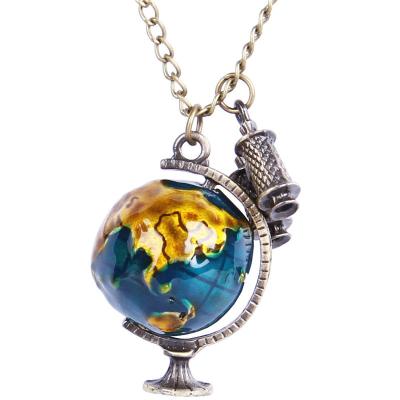 China Hot Selling Fashion Vintage Telescope Traveling Globe Earth World Map Alloy Long Pendant Necklace for sale