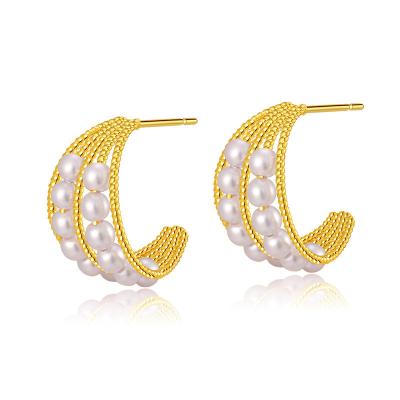 China FASHIONABLE Elegant 18K Gold Plated Multilayer Pearl Design Alloy Stud C Shaped Earrings for sale