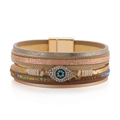 China FASHIONABLE Luxury Multilayer Devil Eye Design Full Rhinestone PU Leather Bangle Bracelets With Magnetic Buckle for sale