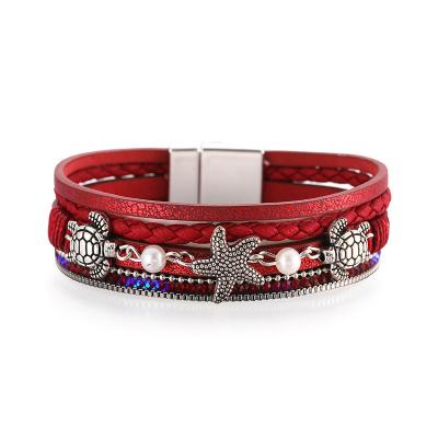 China Vintage Religious Starfish Sea Turtle PU Bangles Multilayer Leather Wristband With Magnetic Buckle for sale