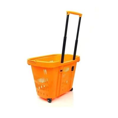 China Unfold Eco - Friendly Rolling Plastic Shopping Basket With Two Wheels for sale