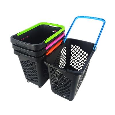 China Large Capacity 68L Rolling Eco - Friendly Plastic Shopping Baskets With Wheels for sale