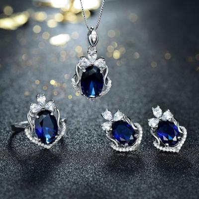 China Romantic luxury sapphire gemstone jewelry set 925 chunky earring pendant jewelry silver bridal silver ring necklace for sale