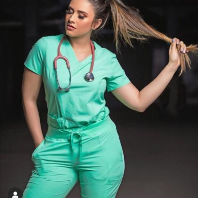 China Medical Uniform Women Scrubs Medical Set With Multi Pocket Cargo Pants V-Neck Top And Panty Scrubs Set Nurse Uniform for sale