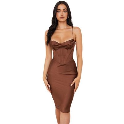 China RTS Breathable Brown Sexy Bodycon Dress Women Spaghetti Strap Party Plus Size Dress 2021 for sale