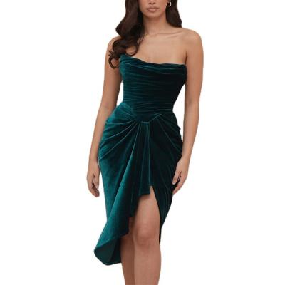 China Sexy Washable Barbarian Off The Shoulder Velvet Ruched Ladies Party Prom Dress Women Wholesale Casual Evening Dresses for sale