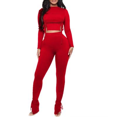 China Casual Fashion Clothing Wholesale Ribbed Red Crop Sexy Ruched Top Skinny Pants Set Custom Made Women's Clothing Set Two Piece Set for sale