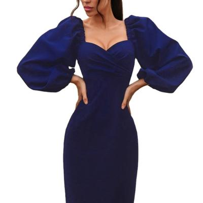 China Anti-Static Solid Backless Bodycon Dress RTS Casual Midi Dress With Lantern Sleeve for sale