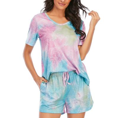 China Fashion Tie Breathable Dye Shorts Soft Cute Short Sleeve Sleepwear Designer Casual Pajamas For Women Custom Set for sale