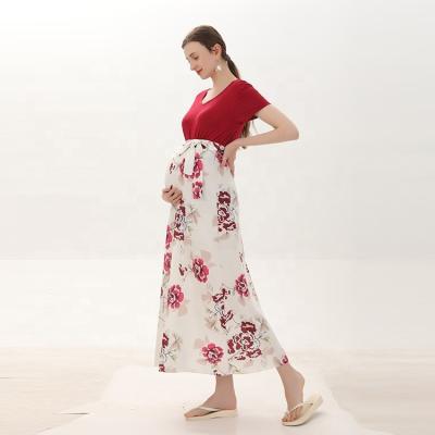 China Breathable RTS Lace Print Casual Women Flower Pregnant Maternity Dress With Round Collar for sale