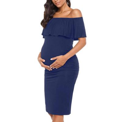 China RTS Dress Breathable Casual Maternity Solid Off Shoulder Ruffle Elegant Dress For Pregnant Women for sale